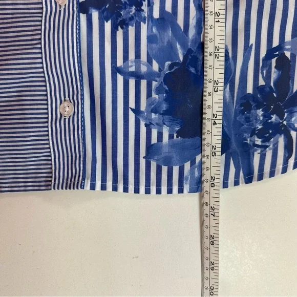 Chicos 2 Blue White Striped Floral Button Shirt Womens Large Long Sleeve - Picture 7 of 9